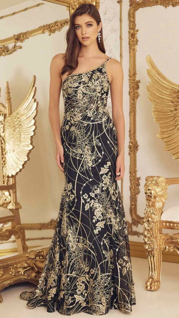 one shoulder floral lace black and gold sheath wedding dress