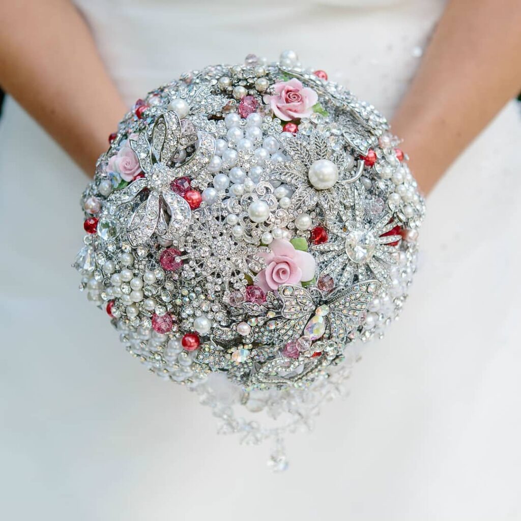 pearl and crystal adorned wedding brooch bouquet
