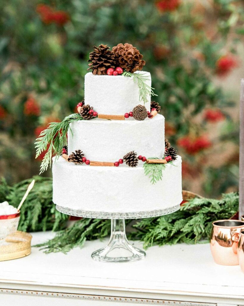 pinecones, cranberries, cinnamon sticks and evergreen foliage winter festive wedding cake