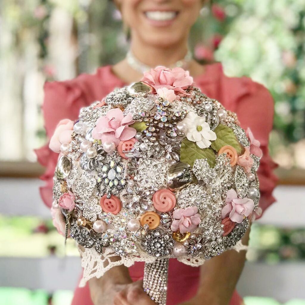 pink and silver sparkle brooch wedding bouquet with pearls