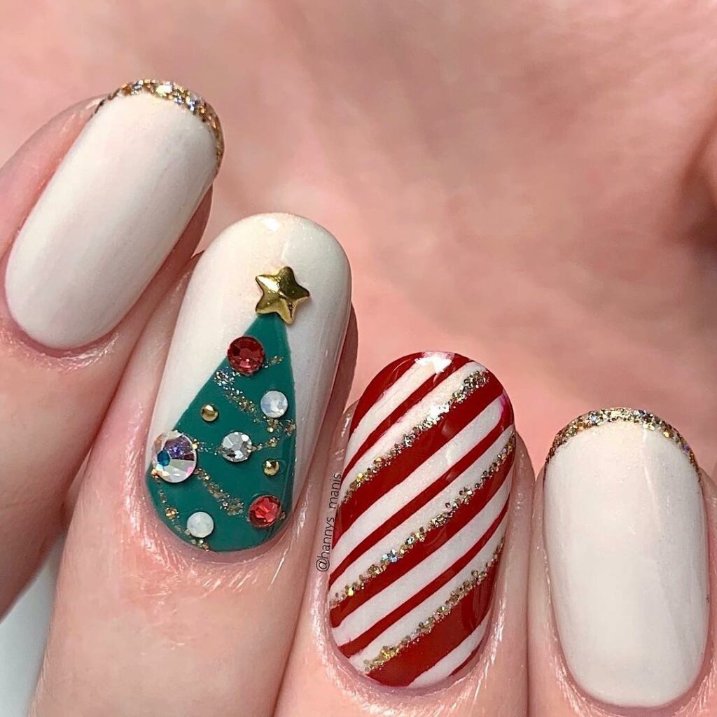 red and green tree Christmas nails design with white base and golden art