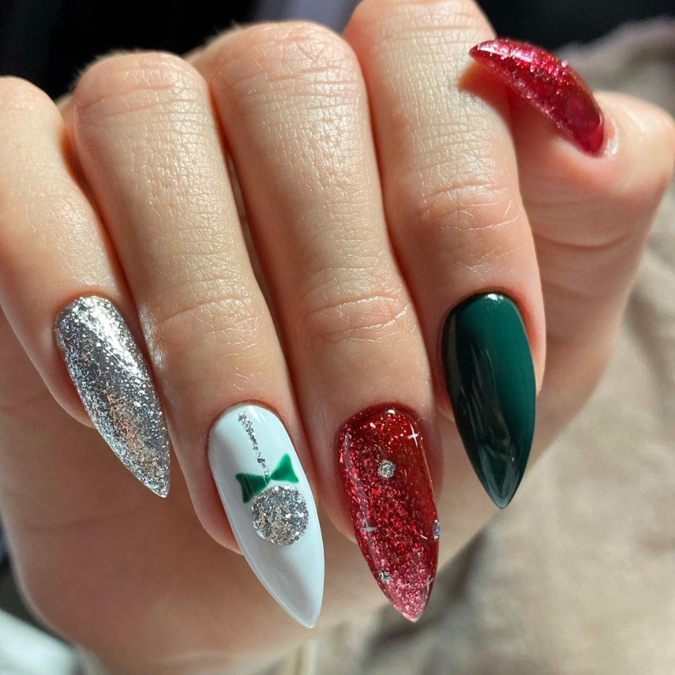 red and green with white and silver sparkling Christmas nails art