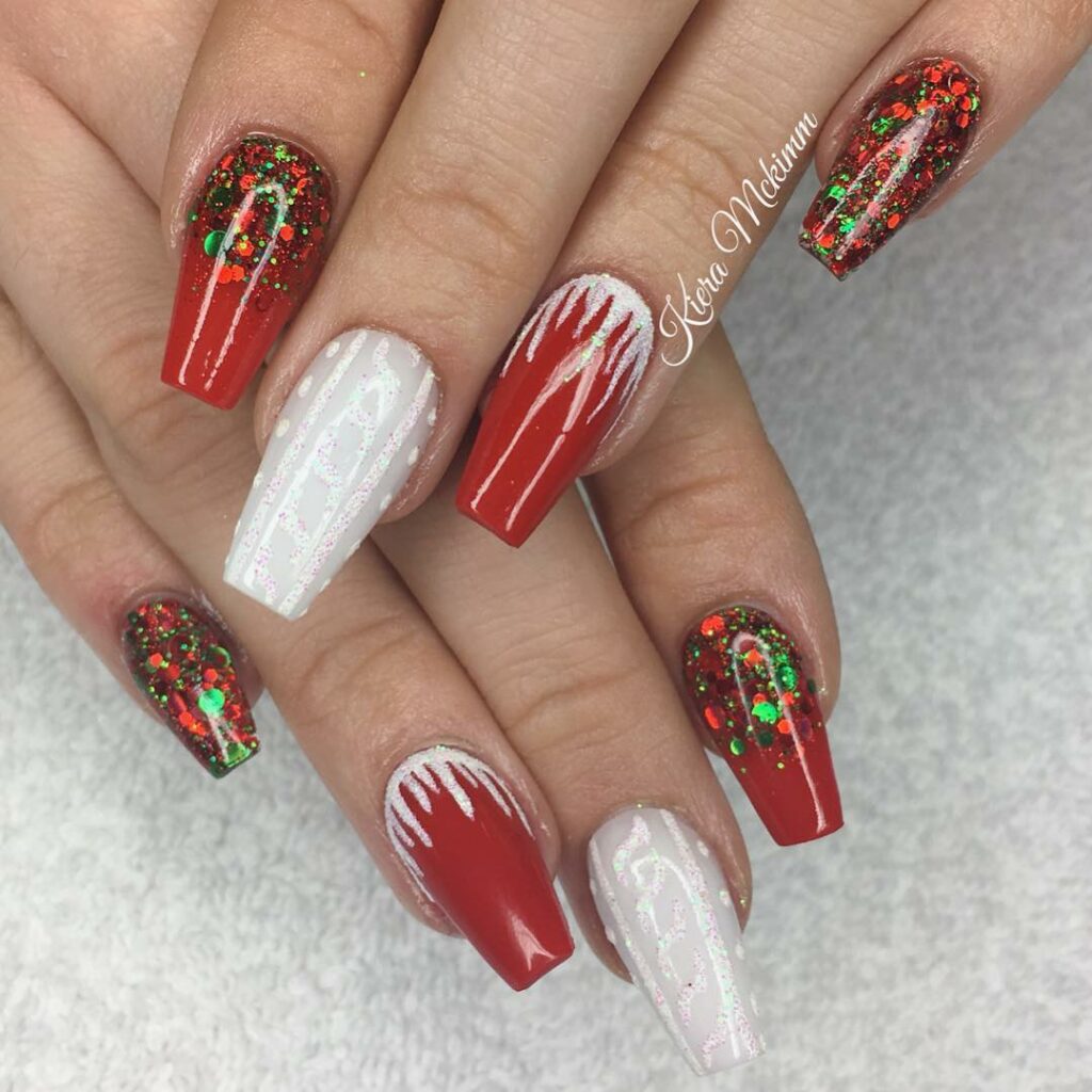 red and green with white sparkling Christmas nails