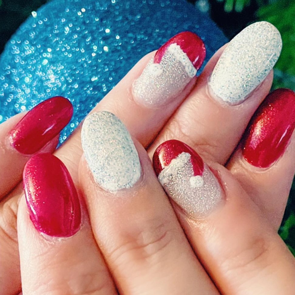 red and silver glittery Christmas magical nails
