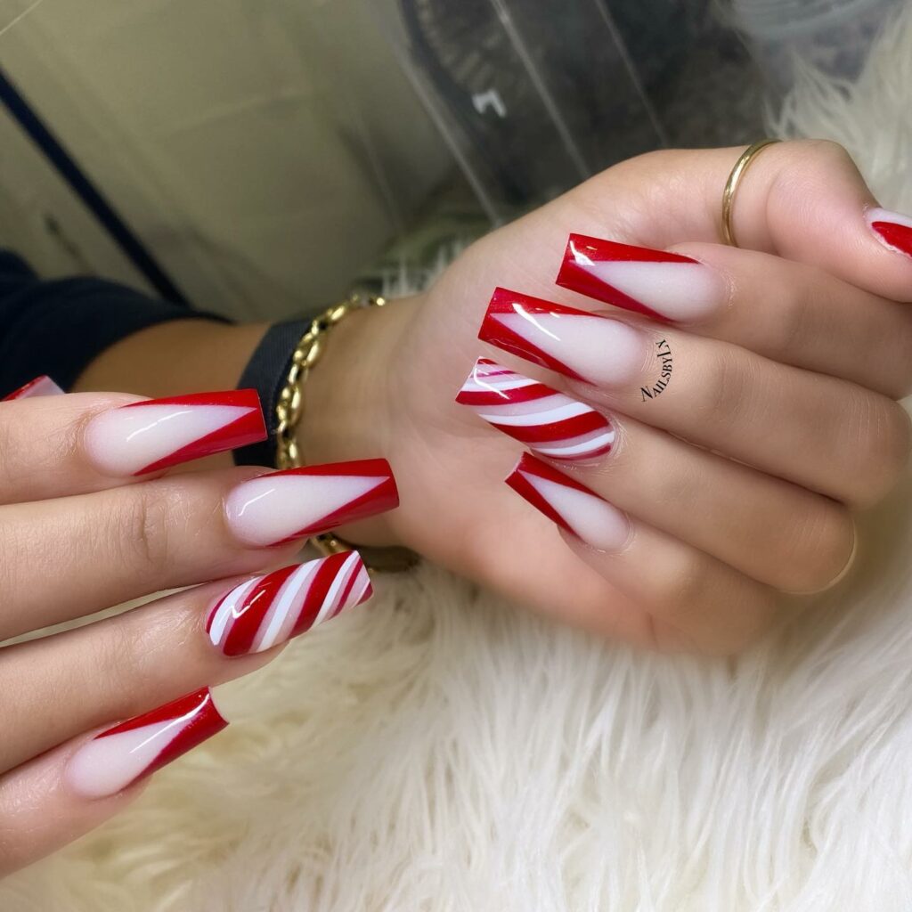 red and white long Christmas nail design