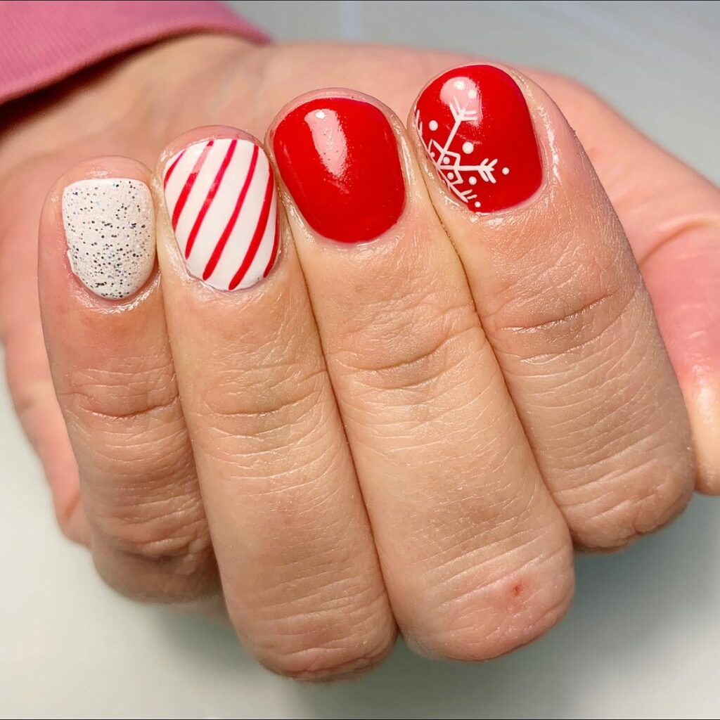 red and white short nails art for Christmas