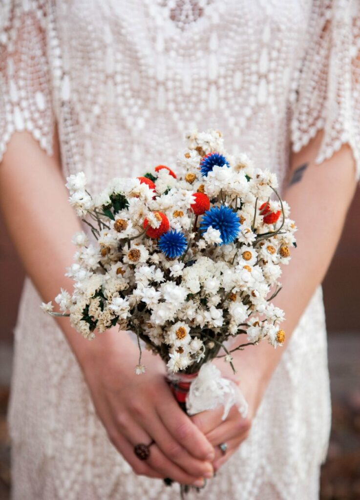 red blue and white small vintage wedding bouquet