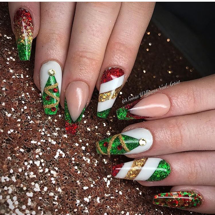 red, green and gold Christmas coffin nails art
