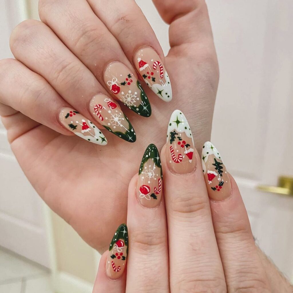 red green and white nails art with Christmas theme