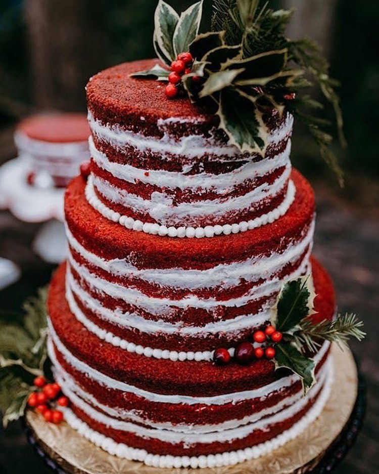 red velvet winter wedding three tiered cake