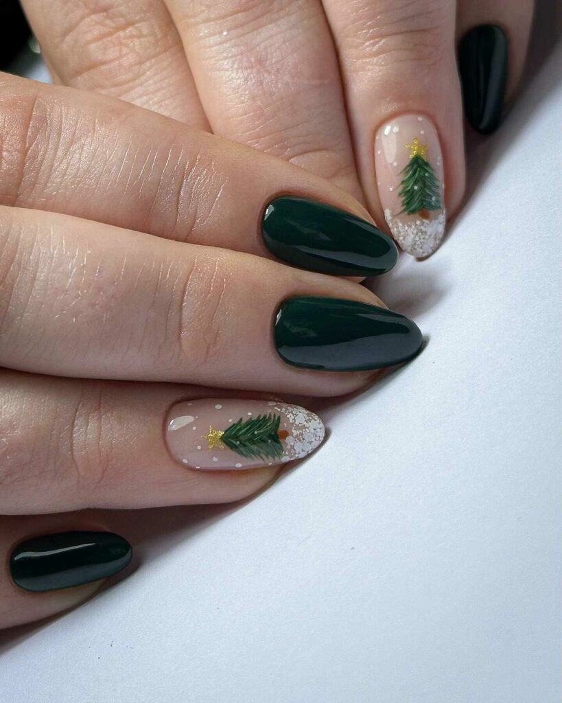 simple green Christmas nails art with winter charm