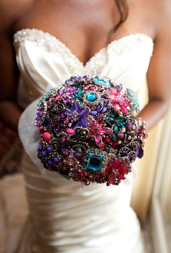 sparkle and glam with a made to order purple jeweled brooch bouquet
