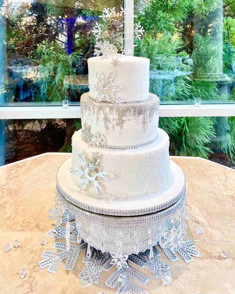 sparkling blue and white snowflakes wedding cake for winter