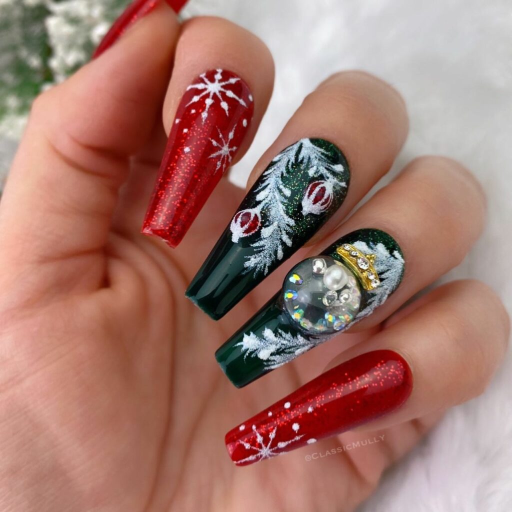 sparkling red glitter and the detailed green Christmas nails design with the snowy winter scene