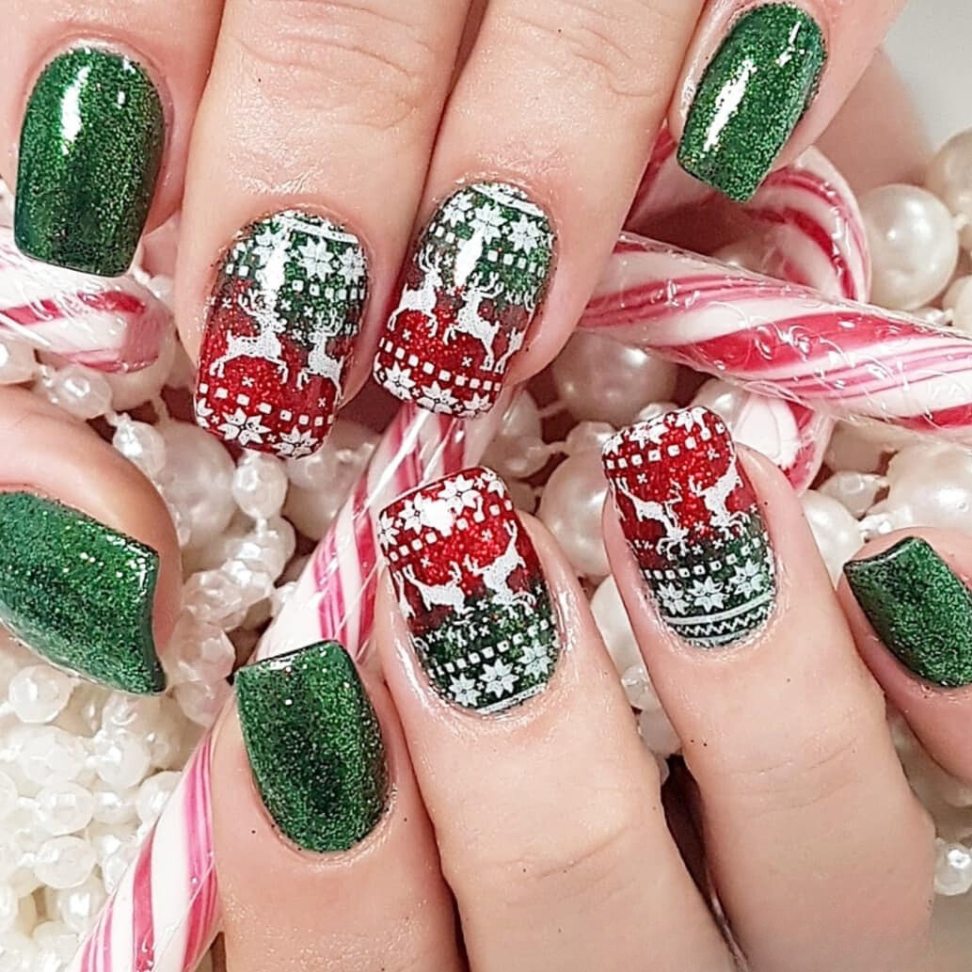 the cozy feel of knit sweaters with a festive red and green nails pattern that's reminiscent of holiday cheer and warmth