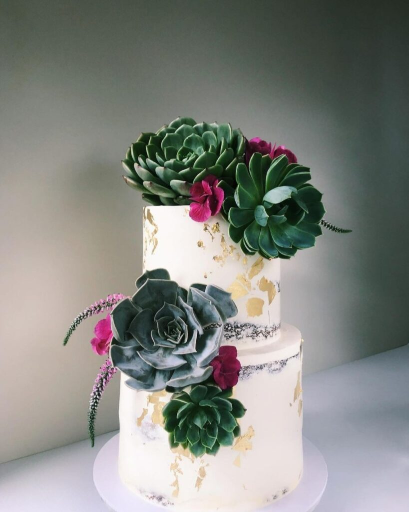 two tiered romantic winter wedding cake with deep green succulents and bright fuchsia flowers