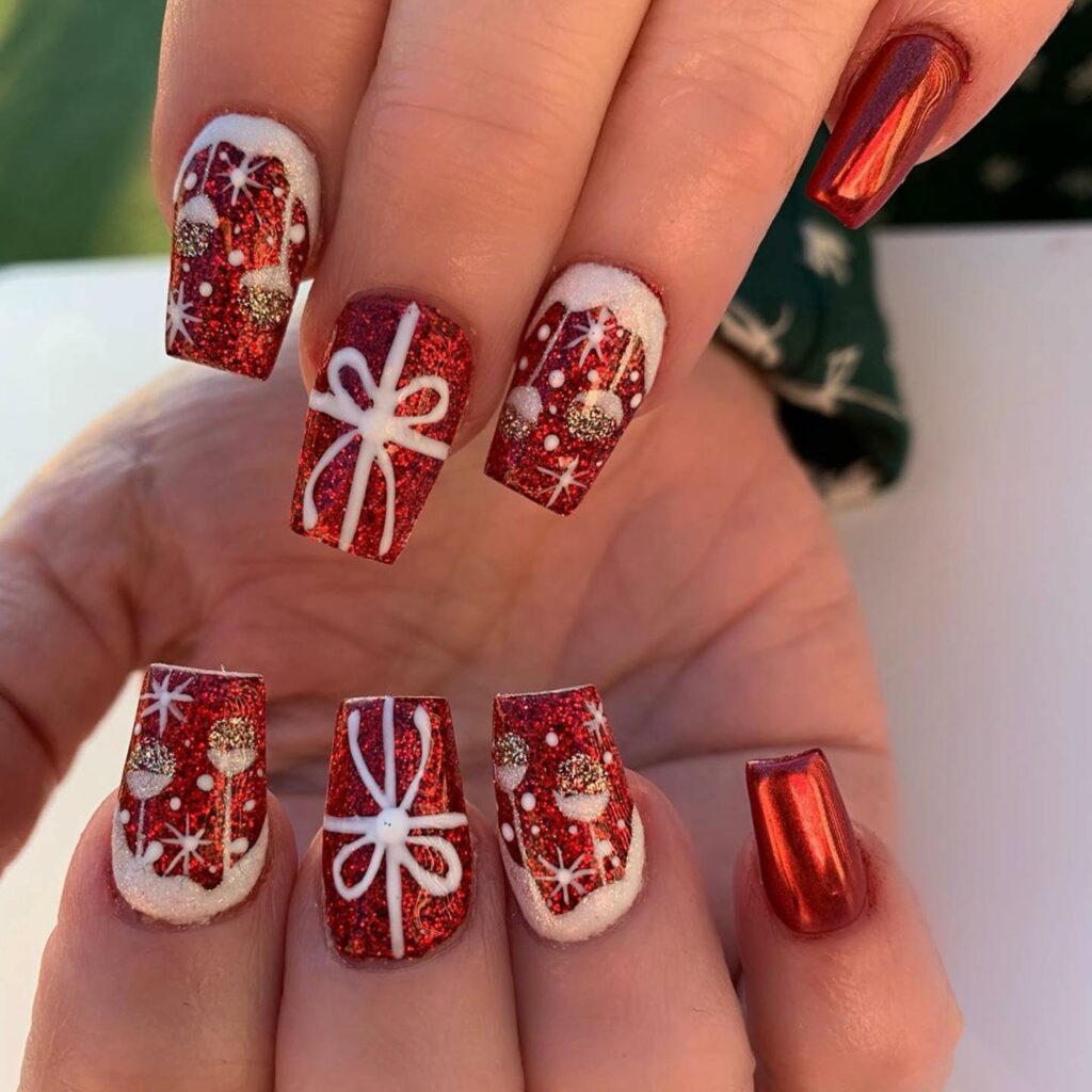 unique gift wrapped effect with sparkling red and snowy white Christmas nails design