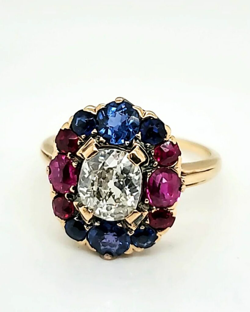 vintage 19 carat yellow gold Victorian ruby and sapphire engagment ring