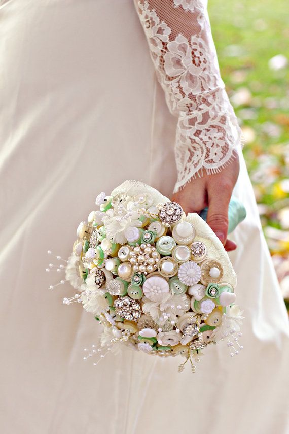 vintage brooch button bouquet in ivory cream and mint green with pearl and fabric flower highlights