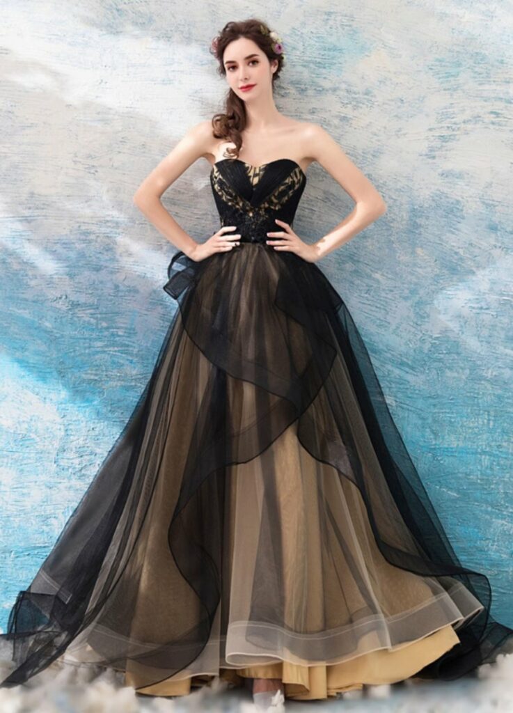 vintage strapless tulle black and gold ruffle wedding dress