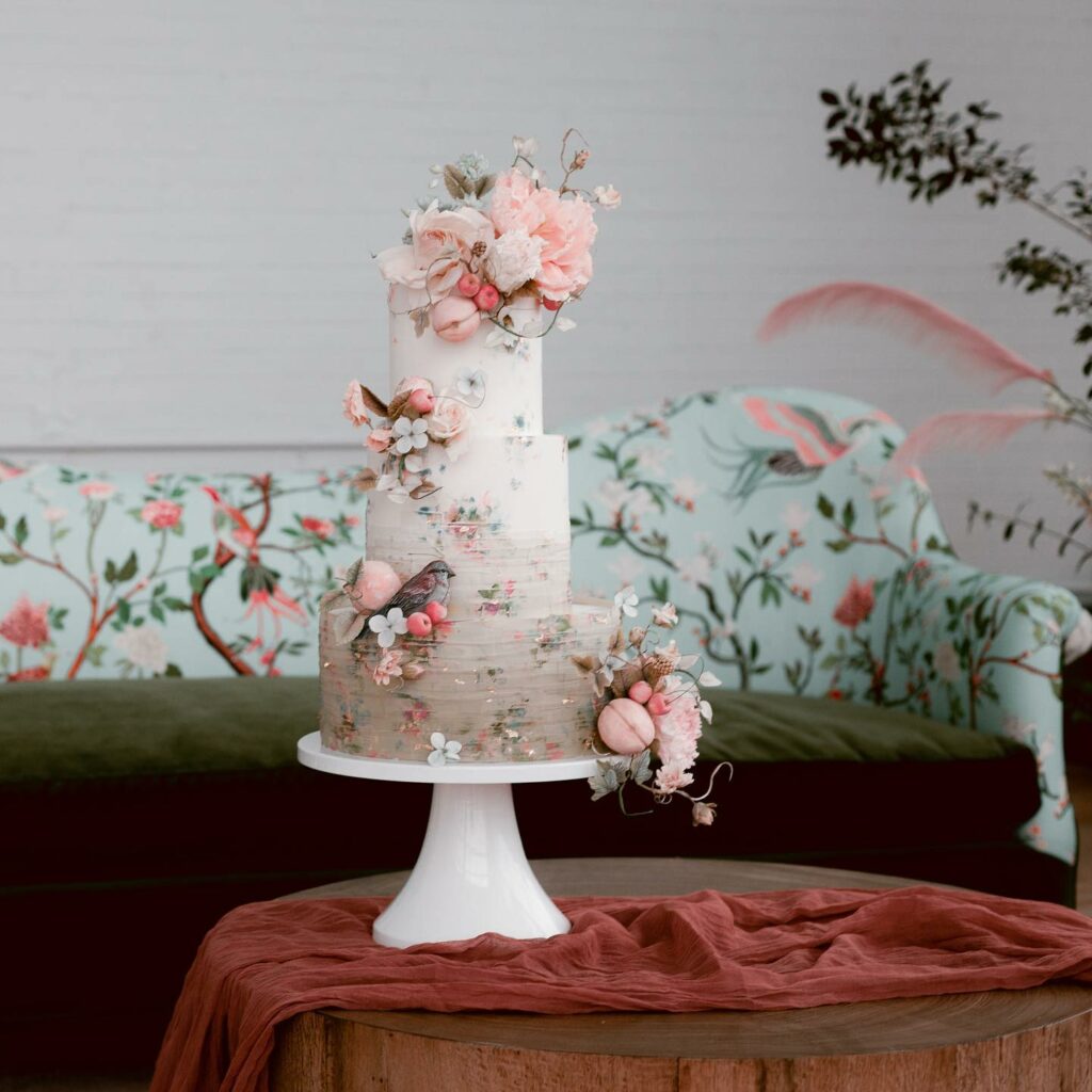 white and blush romantic winter wedding cake