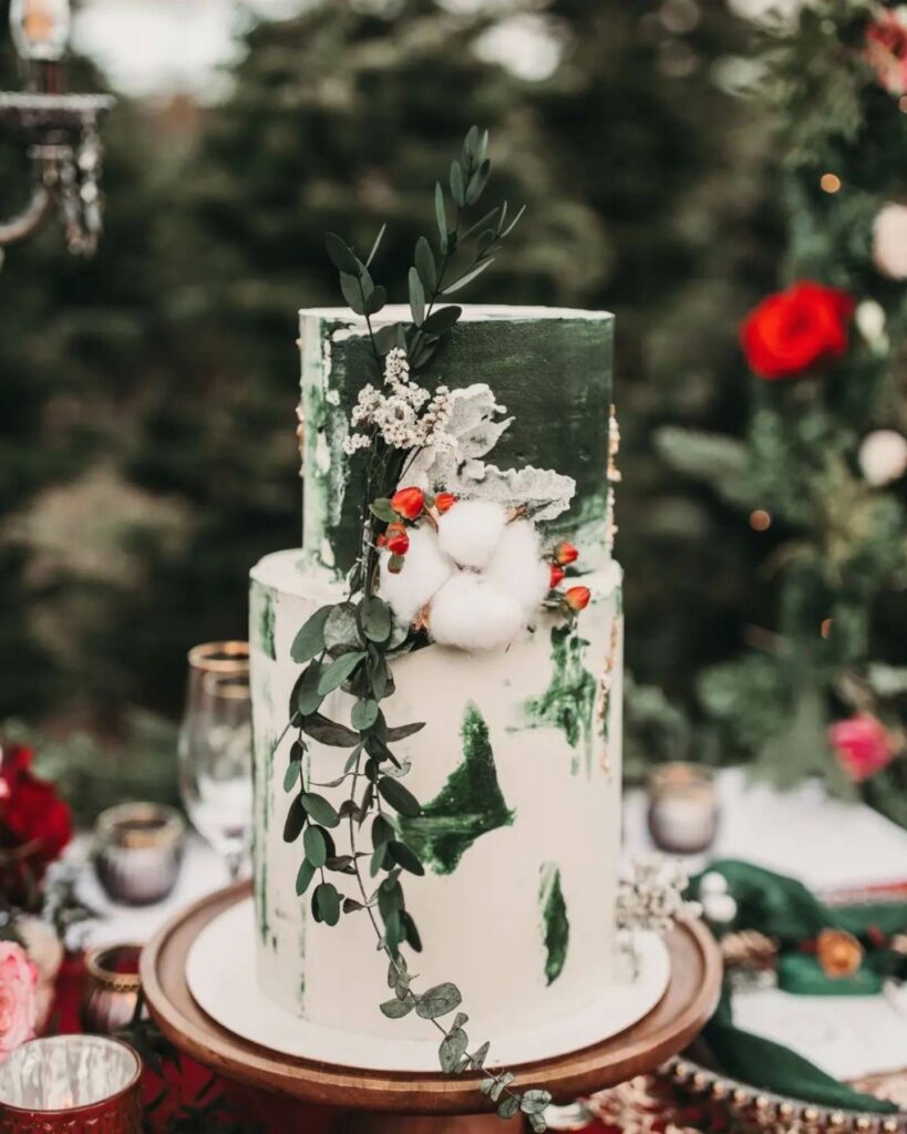 white and green Christmas winter wedding cake