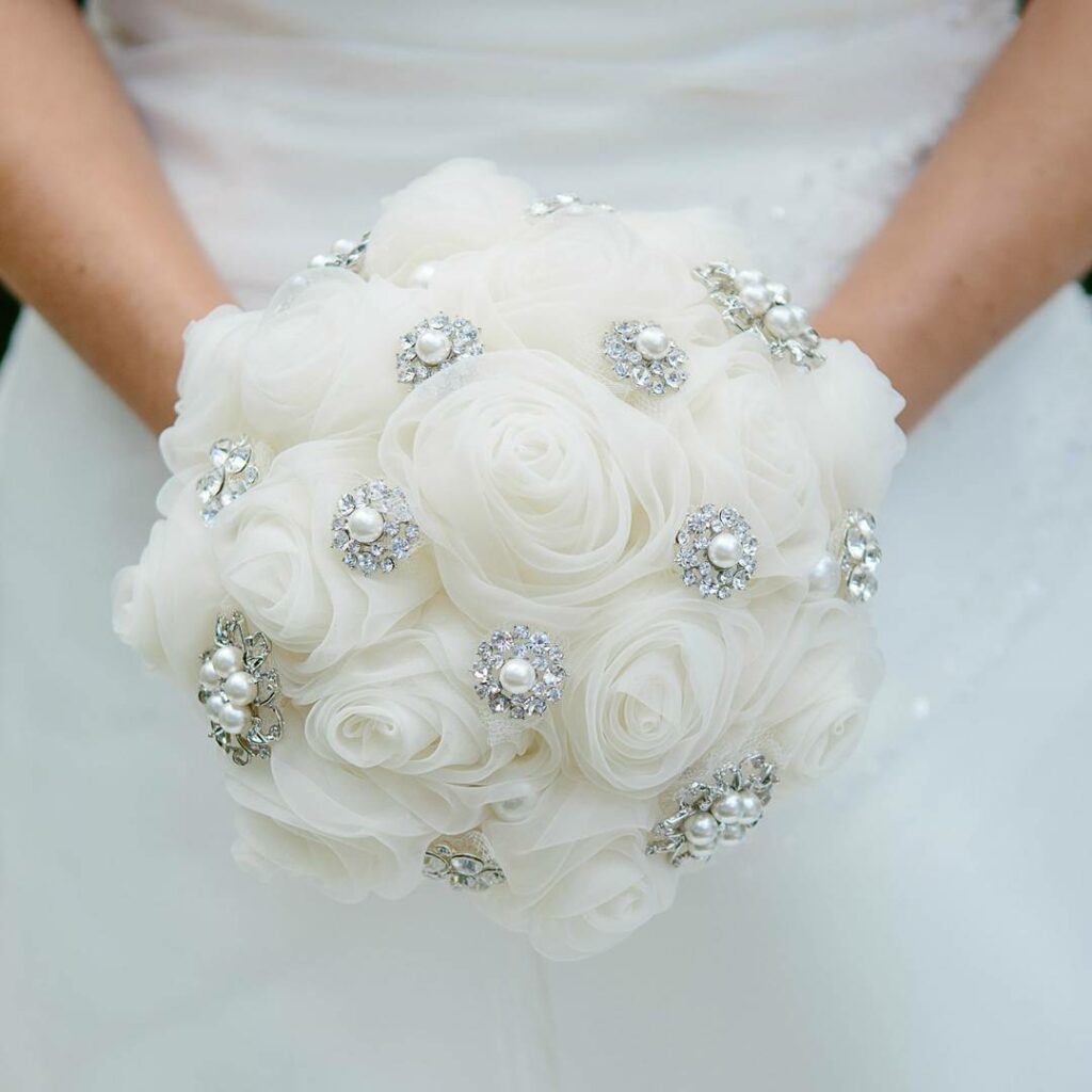 white and silver classic fabric brooch bridal bouquet