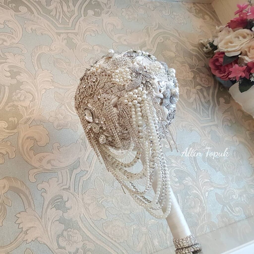 white and silver pearl small wedding brooch bouquet