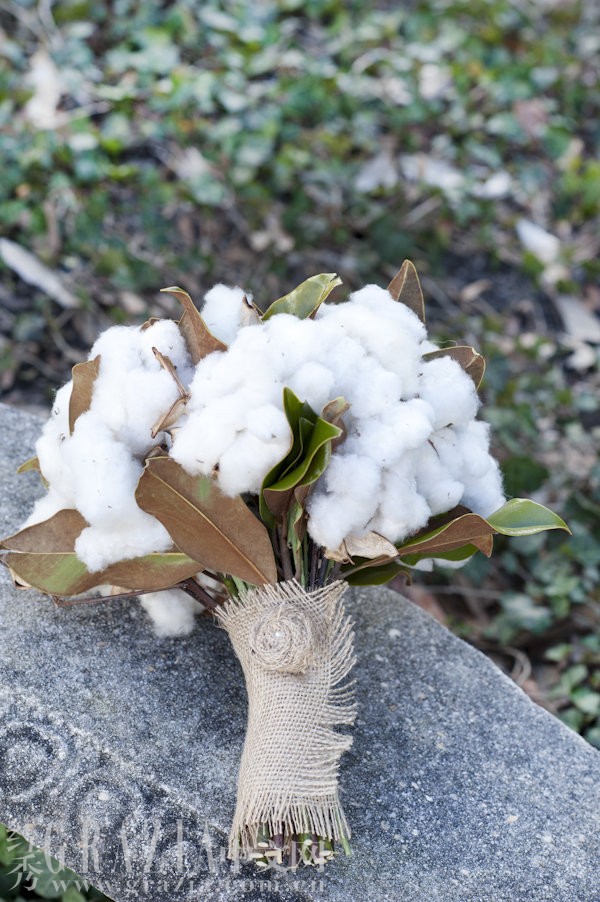 white cotton brooch bouquet wrapped in burlap