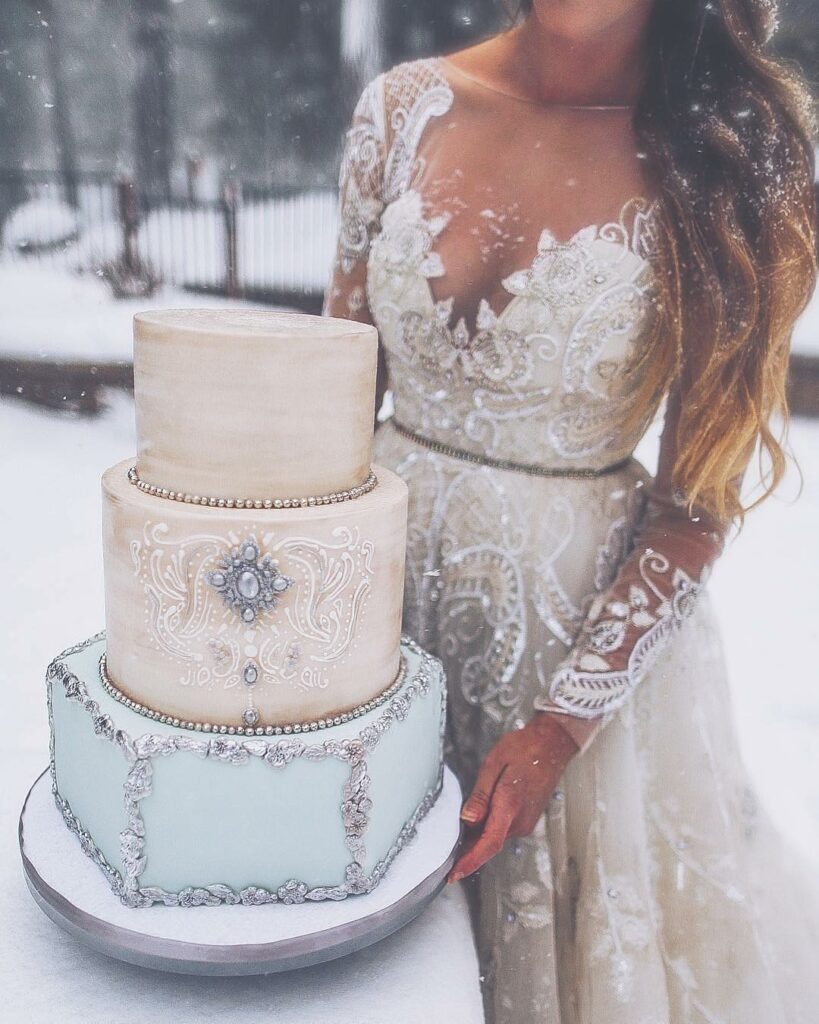 winter frosty baroque snowflake adorned wedding cake