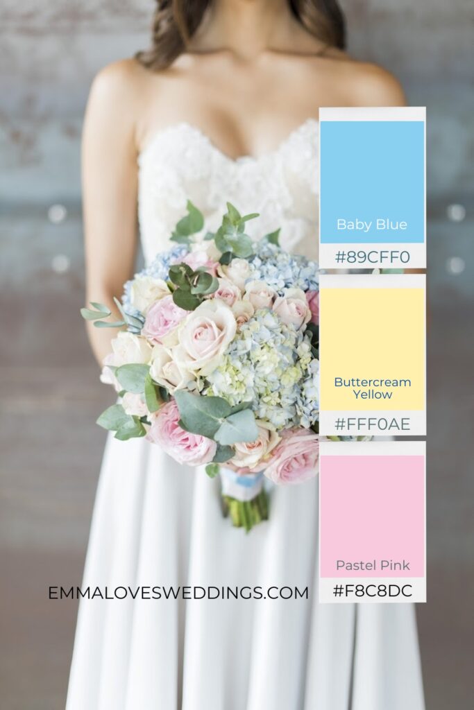 Baby Blue, Buttercream Yellow and Pastel Pink come together for a trendy sweetly hued wedding color palette