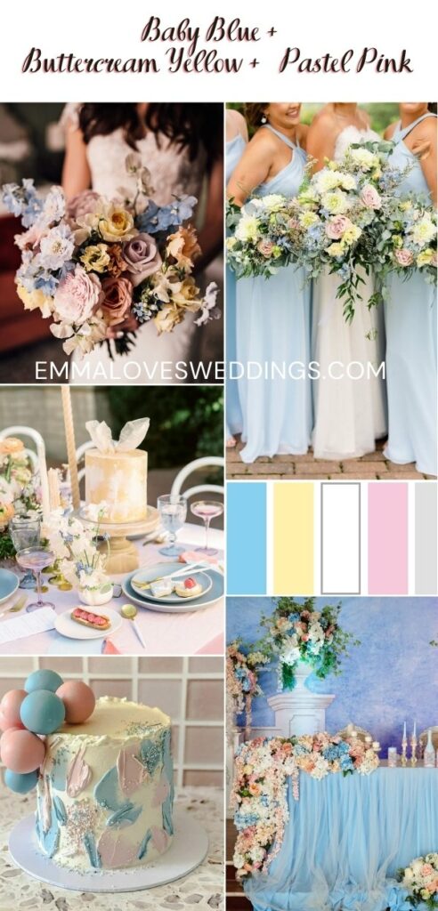 Baby blue, buttercream yellow and pastel pink summer wedding color palette