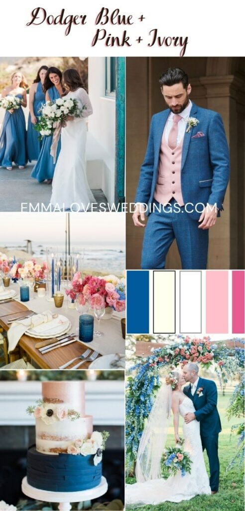 Dodger blue, pink and ivory beach wedding colors