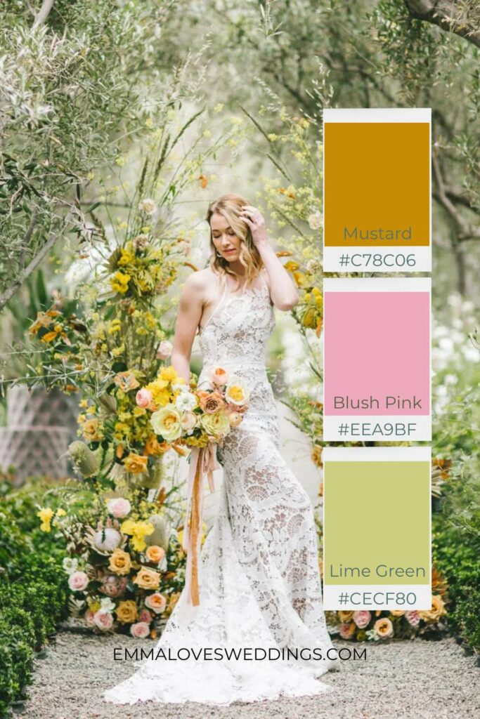 Mustard, Blush Pink and Lime Green create a playful yet sophisticated wedding palette