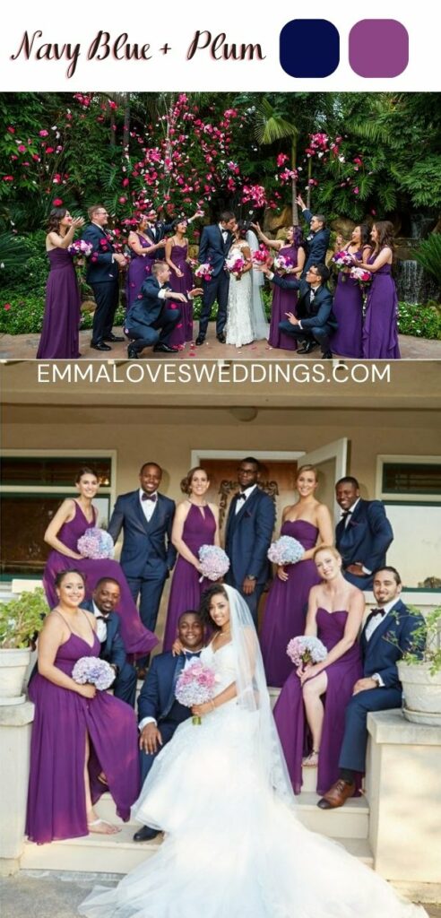 Naby blue grooms men with plum bridesmaid dresses