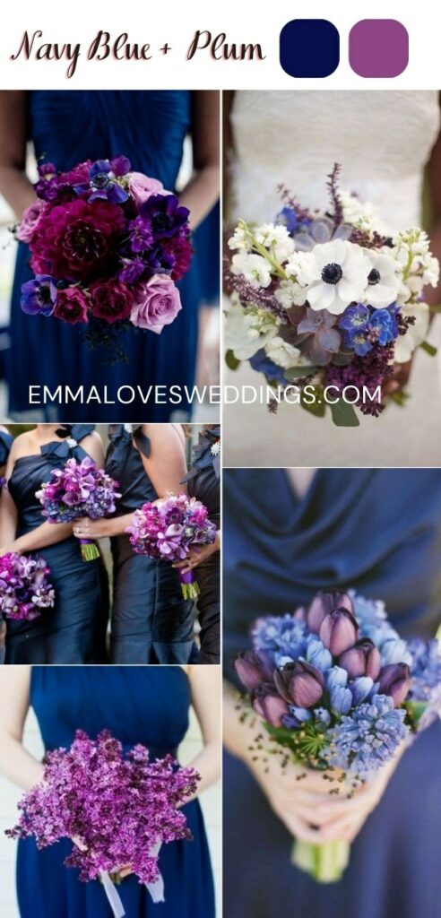 Navy and plum wedding bouquet for brides and bridesmaid