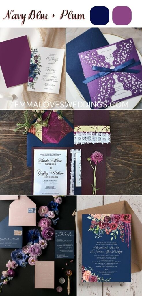Navy blue and plum wedding invitations
