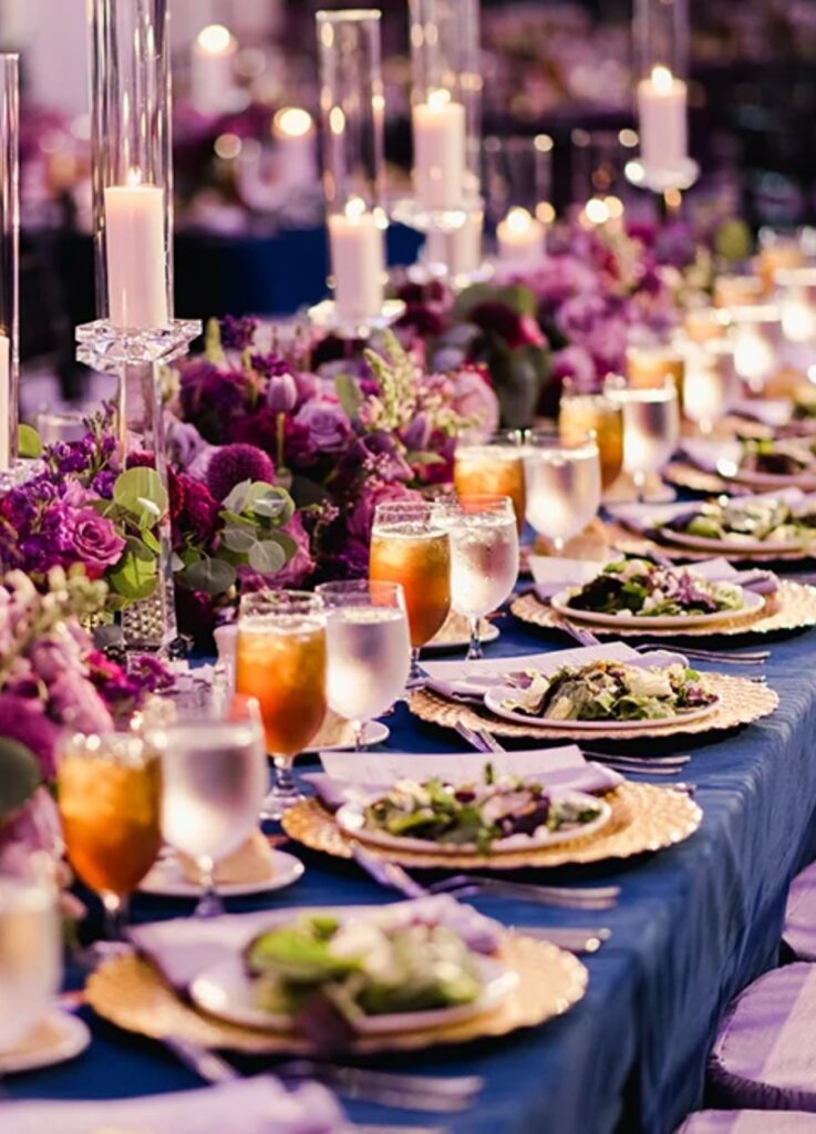 Navy blue and plum wedding table decor