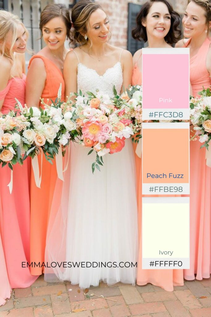 Peach Fuzz, Pink and Ivory bridesmaid colors paired with complementary bouquets create a harmonious and romantic wedding palette