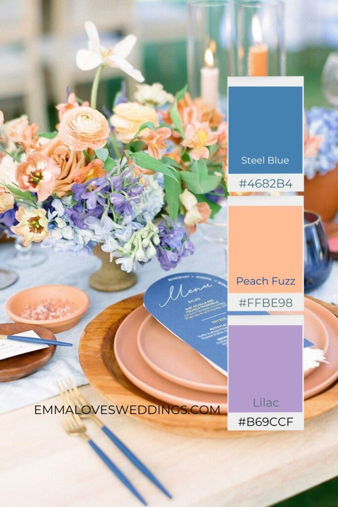Peach fuzz, steel blue and lilac set the trend for this years weddings, blending soft warmth with cool sophistication