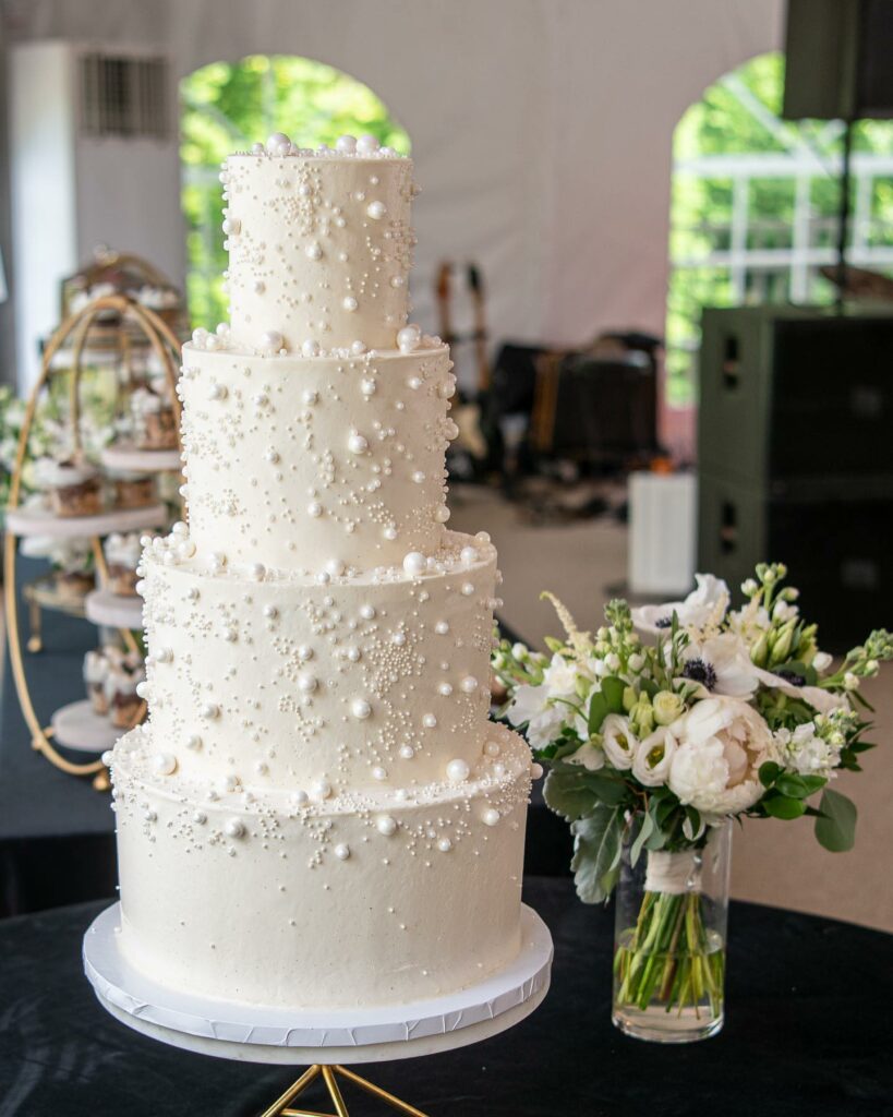 Pearl tiers bourbon wedding cake with brown sugar cream cheese frosting