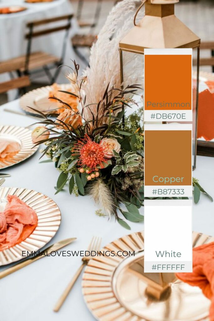 Persimmon, copper and white wedding colors blend warmth with elegance offering a palette that's both inviting and chic for your special day