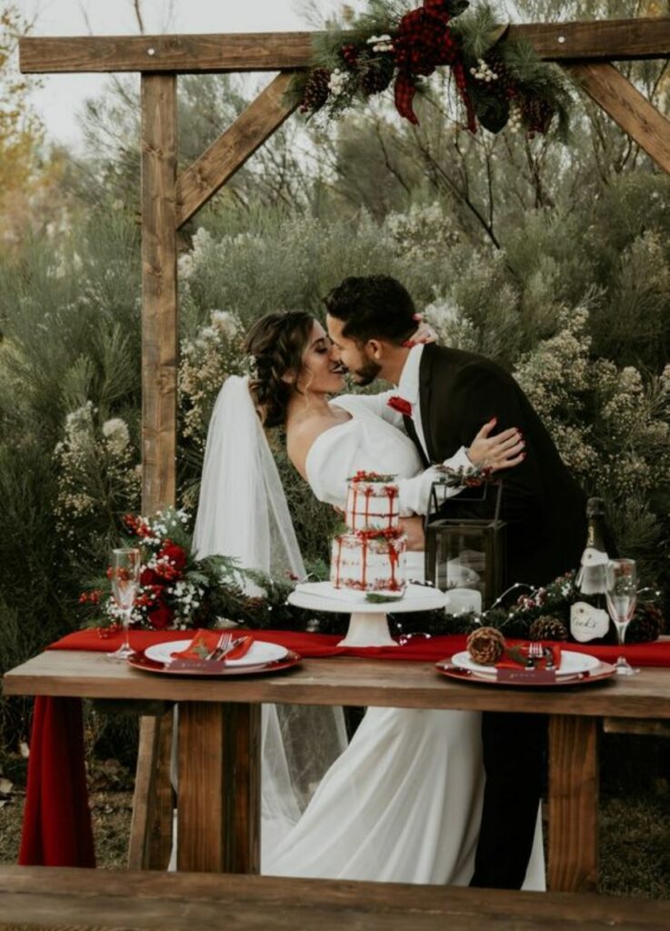 Red, Green and Wood Christmas Wedding colors