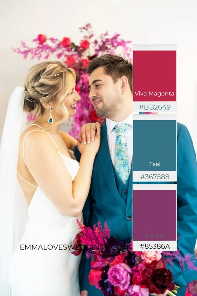 Teal, Viva Magenta and Purple come together for a wedding color scheme that's vivid vibrant and unmistakably joyful