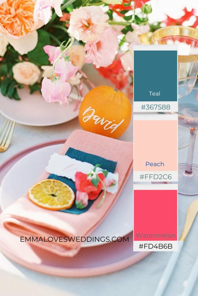 Teal peach and atermelon a trendy wedding color trio blending cool sophistication with juicy warm vibrance