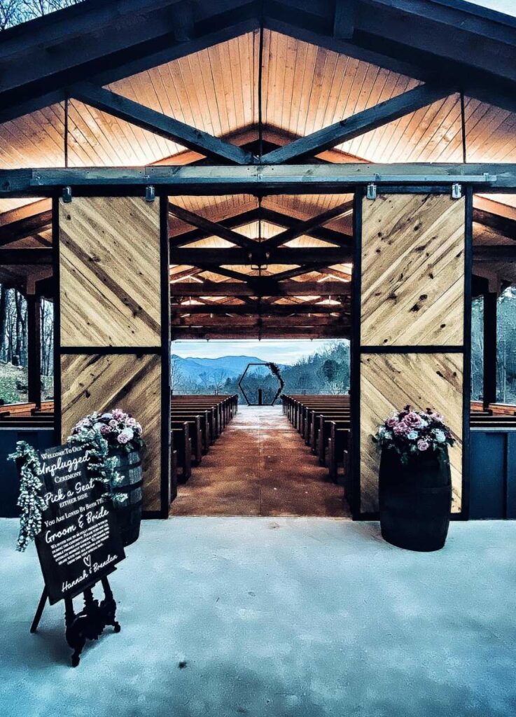 The Parker Mill mountain wedding venue nc with pavilion lighting