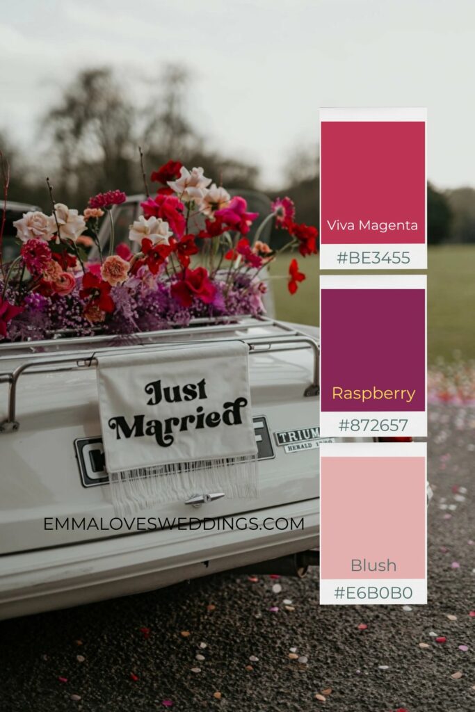 Viva Magenta, Raspberry and Blush offer a bold yet delicate wedding color symphony blending deep vibrance with soft romance
