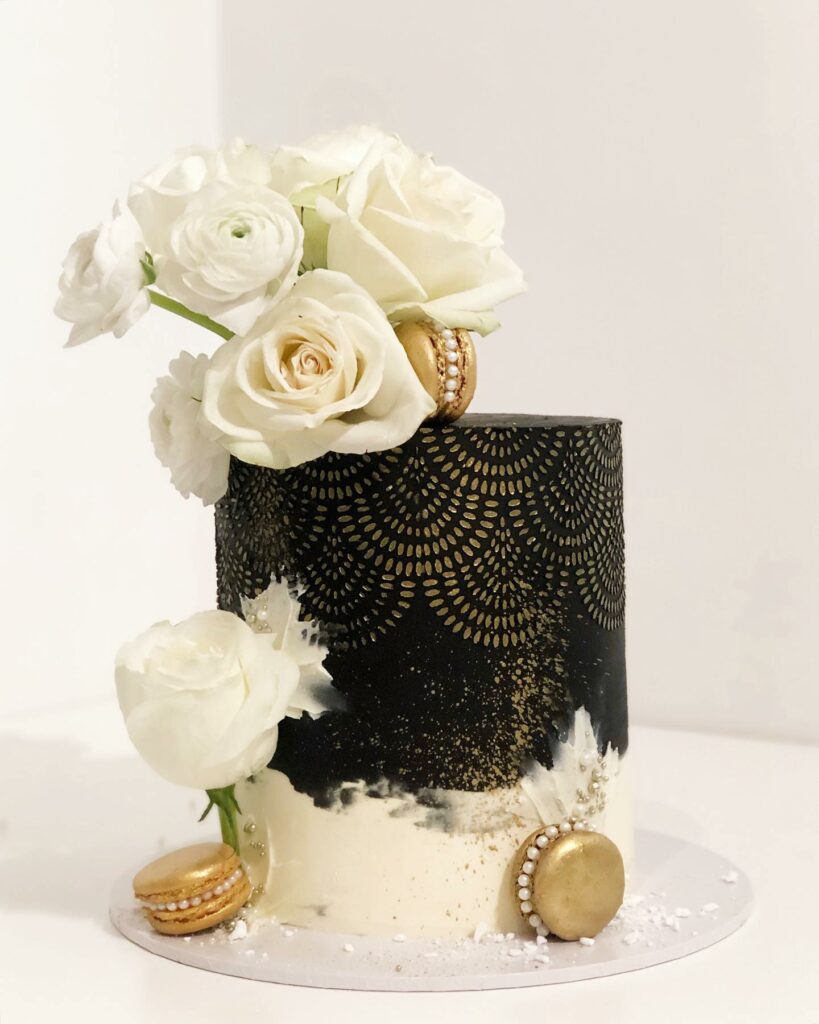 black and white pearl with gold macaron wedding cake