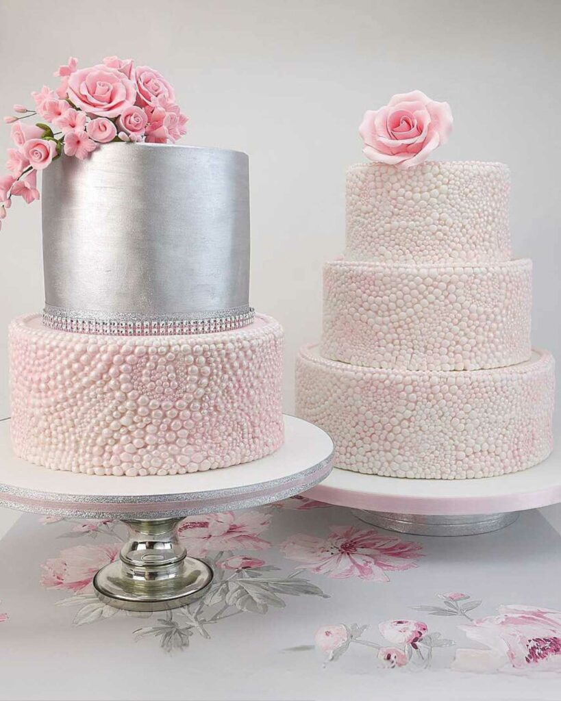 blush pink and silver pearl adorn wedding cake