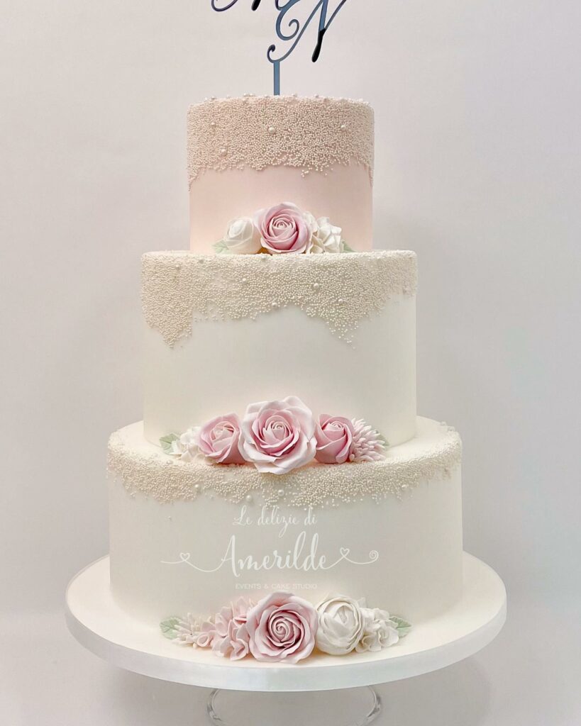 elegant pearl blush and white wedding cake